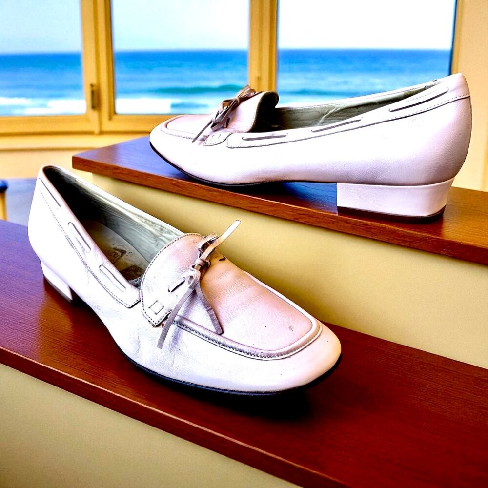 Amalfi Pale Pink Leather Loafer Flat Bow Moc Lacing Vtg 90's Womens 10 as is